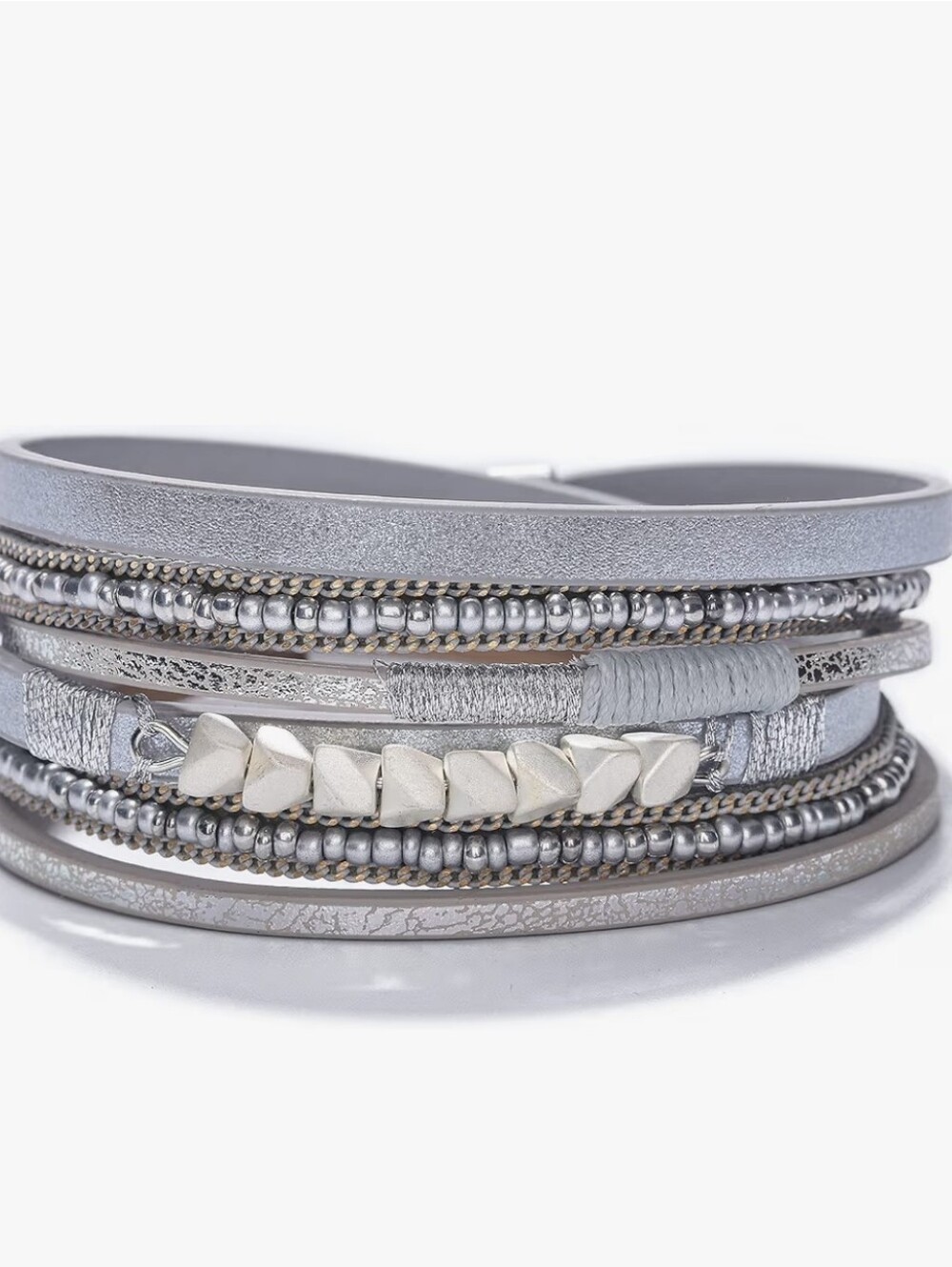 Boho Wrap Bracelet Multi Strand Western Bling Magnetic Closure Silver